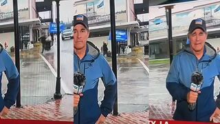 Reporter covers camera when Trump flag goes by