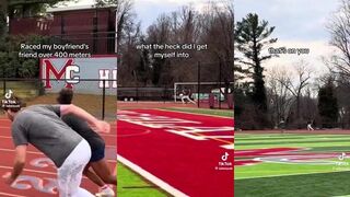 Female D1 track star beats guy, but she'd probably get wrecked by a real runner