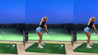 Woman shows off her golf swing and New Balance sneakers