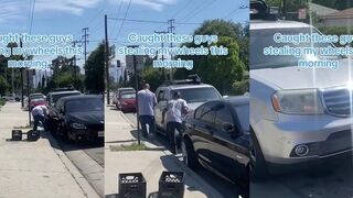 Two guys stealing tires in 'Greasy Gavin's' California in broad daylight