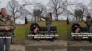 Dude on park bench totally OWNS influencer chick who complained he was ruining her shot