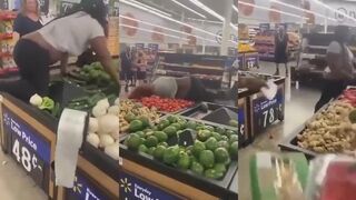 Big girl climbs all over the veggies in Walmart, cops get called