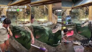 zoo keeper feeding gators
