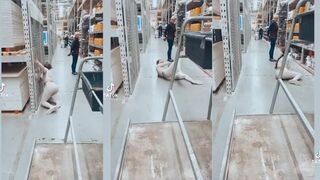 Girl goes FLYING off shopping cart in store
